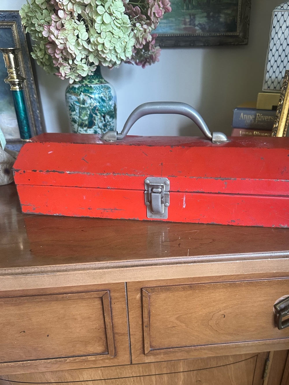 Vintage Red Hip Roof Metal Toolbox with Silver Handle